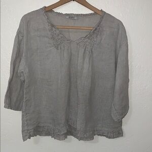 Diverse Gray Ruffled 3/4 Sleeve Linen Blouse